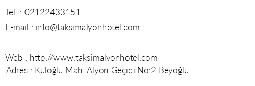 Alyon Hotel Taksim telefon numaralar, faks, e-mail, posta adresi ve iletiim bilgileri